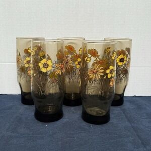 Vintage Smoky Amber Brown Glassware with Yellow Buttercup Daisy Floral Set of 5